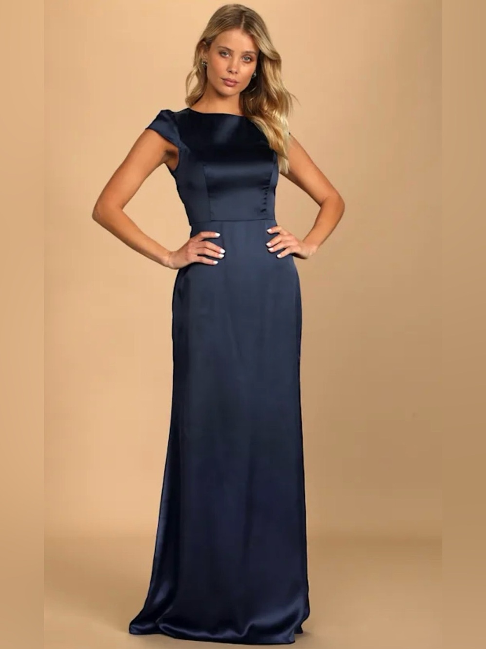 Lulus NWT Celebration Of Romance Navy Satin Back Tie Maxi Dress Gown L - Picture 3 of 15
